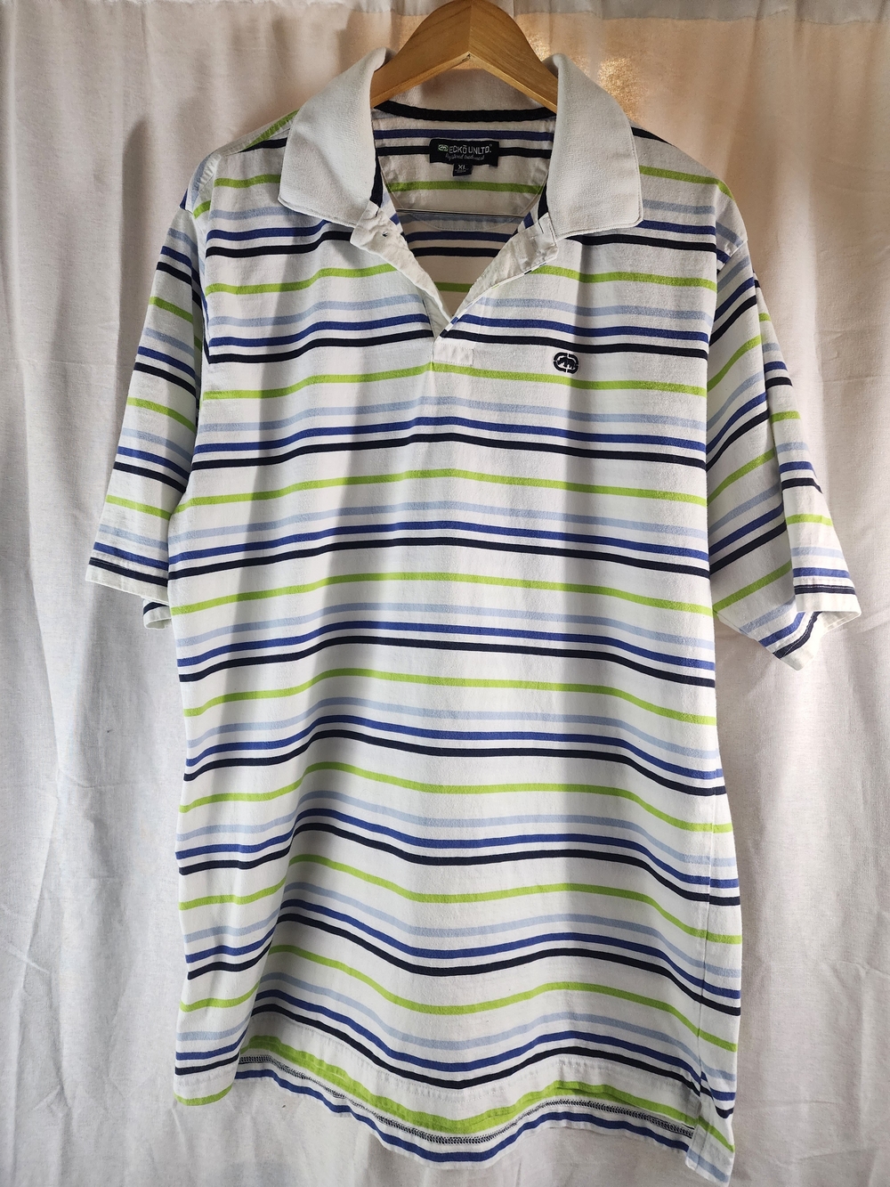 Ecko Unlimited White Polo with Blue and Lime Stripes XL